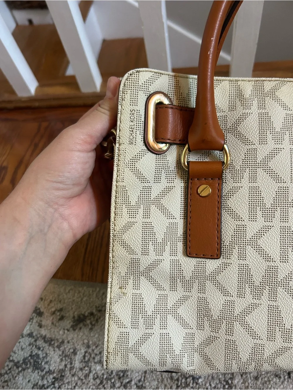 Michael Kors Cream and Tan Logo Satchel with Gold Hardware